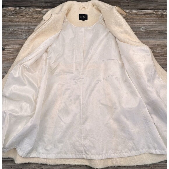 Jessica Simpson Boiled Wool Blend Dress Coat LARGE Ivory W/ Gold Zipper Chic - Picture 6 of 15